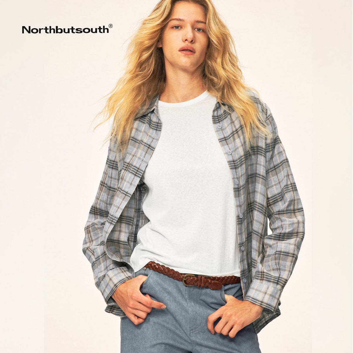 Northbutsouth_Plaid_Square_Neck_Button_Front_Long_Sleeve_100%_Linen_Women&