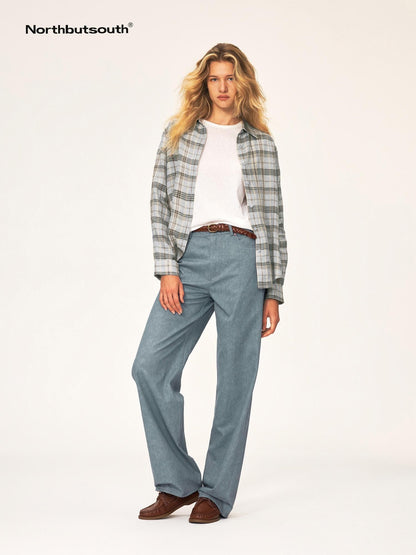Northbutsouth Plaid Square Neck Button Front Long Sleeve 100% Linen Women&