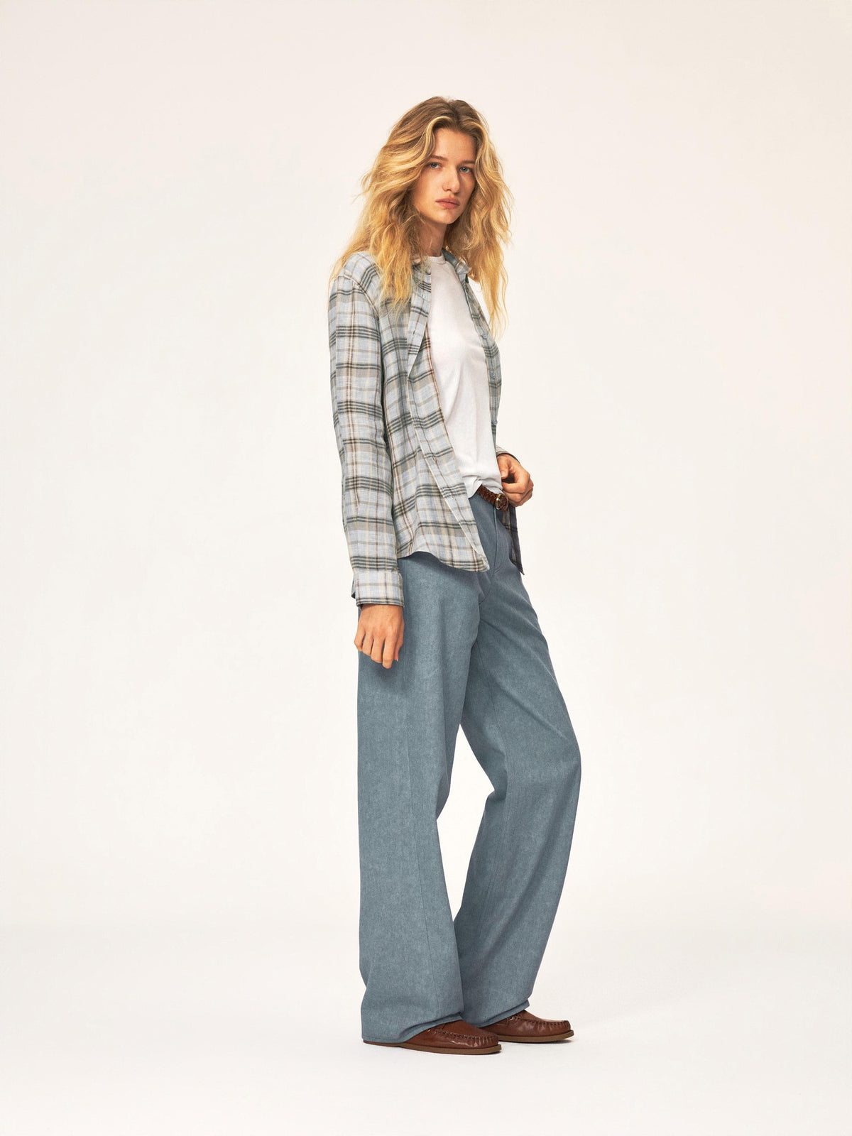 Northbutsouth Plaid Square Neck Button Front Long Sleeve 100% Linen Women&
