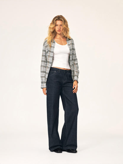 Northbutsouth Plaid Square Neck Button Front Long Sleeve 100% Linen Women&