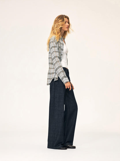 Northbutsouth Plaid Square Neck Button Front Long Sleeve 100% Linen Women&