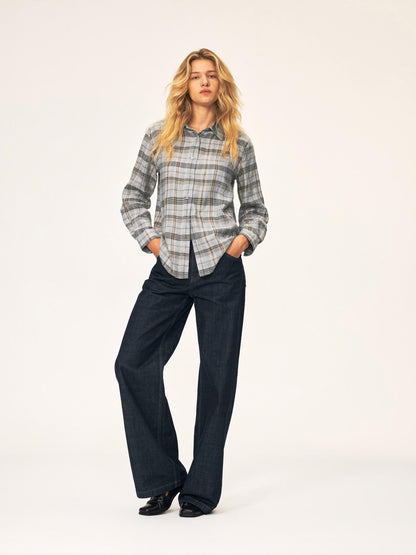 Northbutsouth Plaid Square Neck Button Front Long Sleeve 100% Linen Women&
