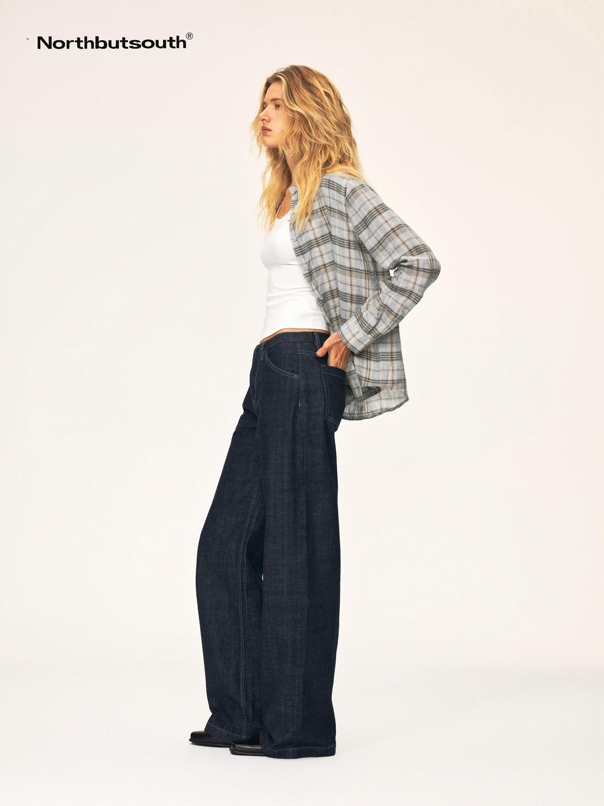 Northbutsouth Plaid Square Neck Button Front Long Sleeve 100% Linen Women&