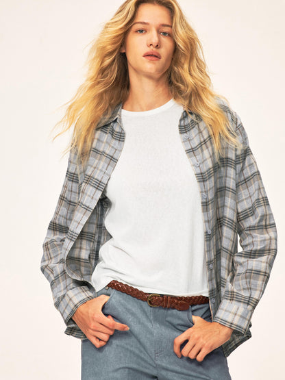 Northbutsouth Plaid Square Neck Button Front Long Sleeve 100% Linen Women&
