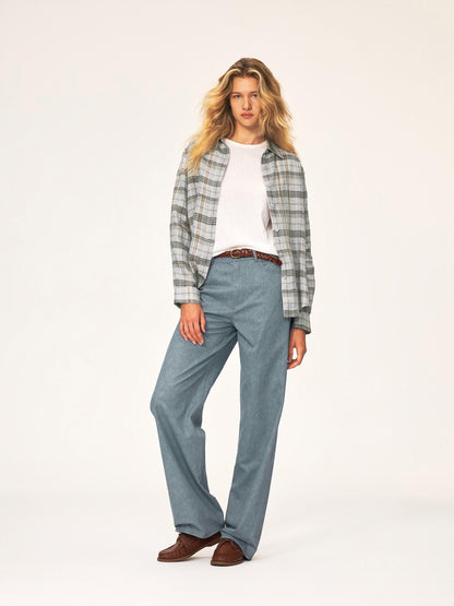 Northbutsouth Plaid Square Neck Button Front Long Sleeve 100% Linen Women&