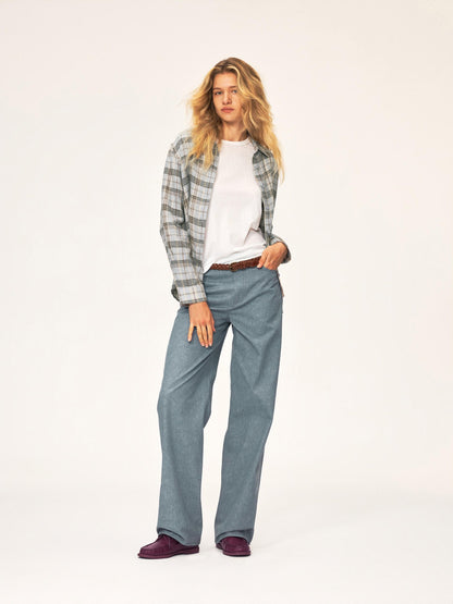 Northbutsouth Plaid Square Neck Button Front Long Sleeve 100% Linen Women&