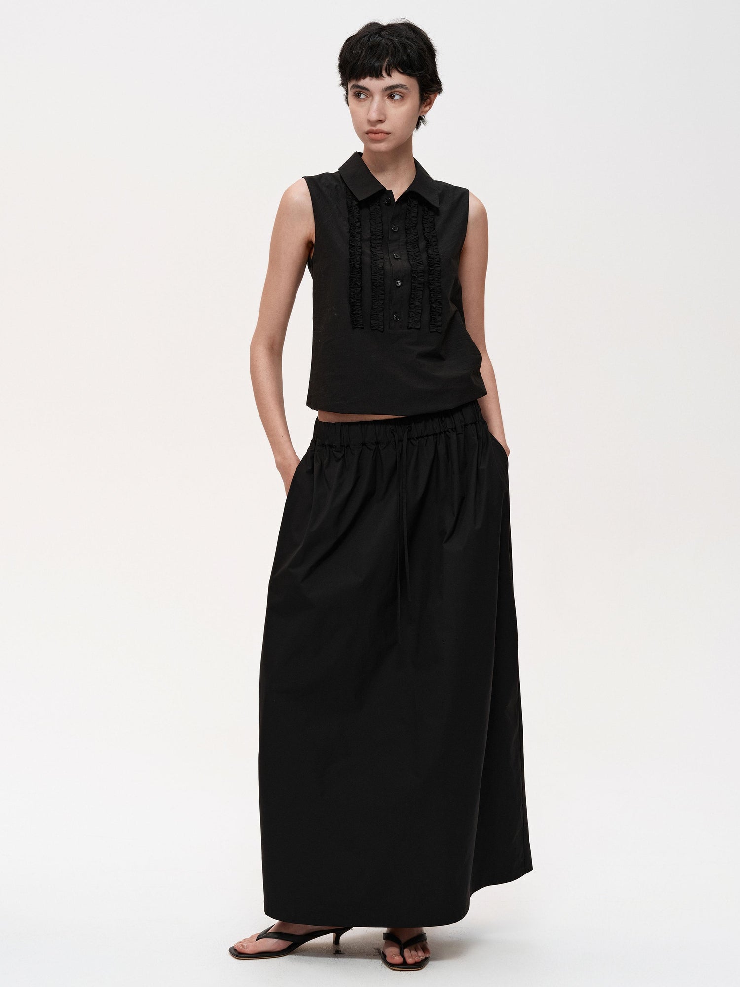 Northbutsouth Pleated Midi Skirt With Adjustable Drawstring Waist