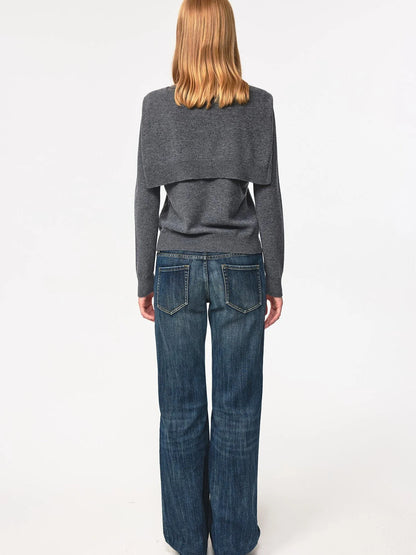 Pure Wool Two Tone Round Neck Knit Cardigan