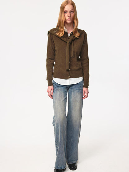 Northbutsouth Pure Wool Two Tone Round Neck Knit Cardigan
