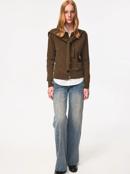 Pure Wool Two Tone Round Neck Knit Cardigan