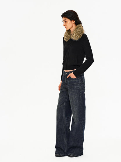 Northbutsouth Removable Fur Collar Lapel Zip Front Women&