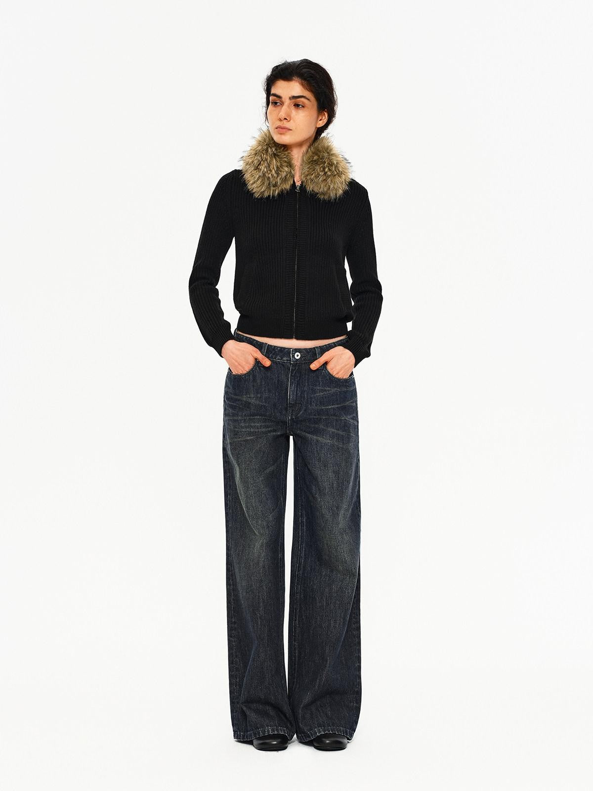 Northbutsouth Removable Fur Collar Lapel Zip Front Women&