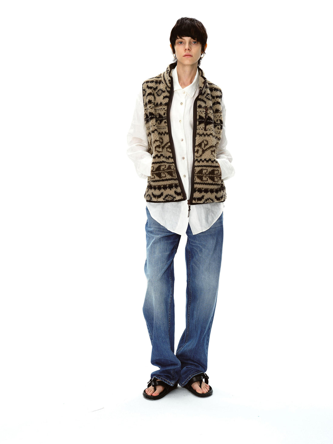 Northbutsouth Retro High Neck Fleece Zip Vest With Lamb Wool Pattern