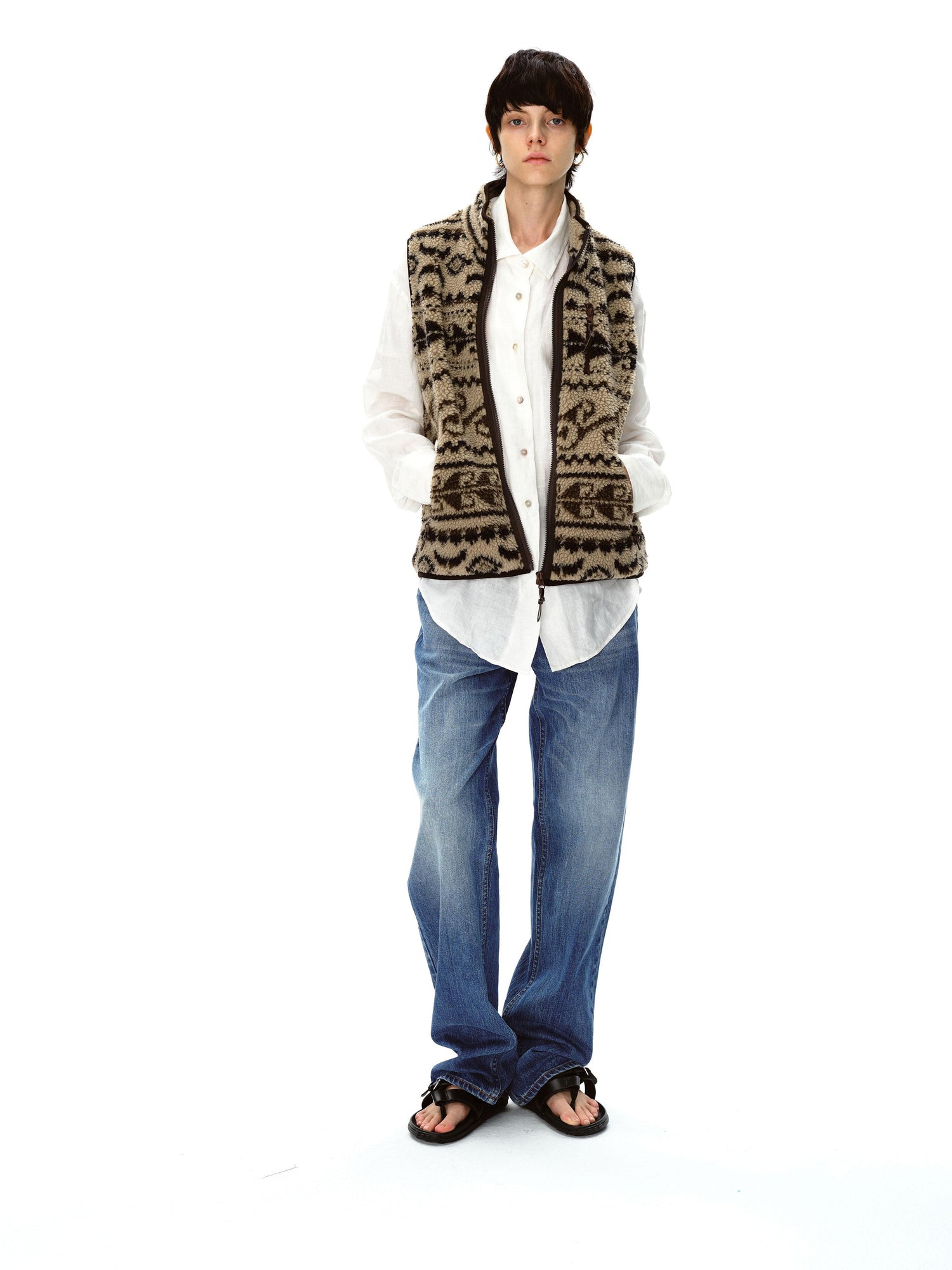 Northbutsouth Retro High Neck Fleece Zip Vest With Lamb Wool Pattern
