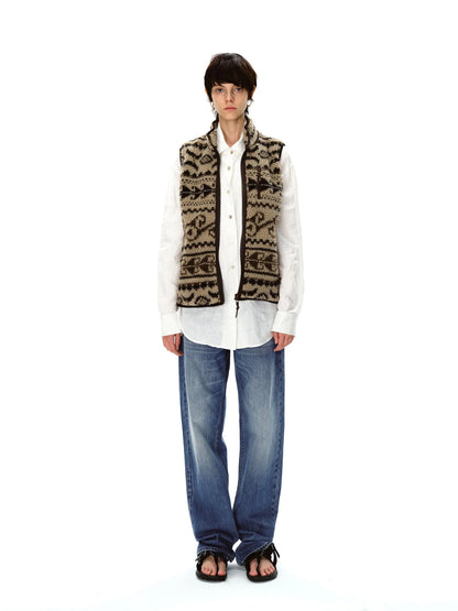 Retro High Neck Fleece Zip Vest With Lamb Wool Pattern