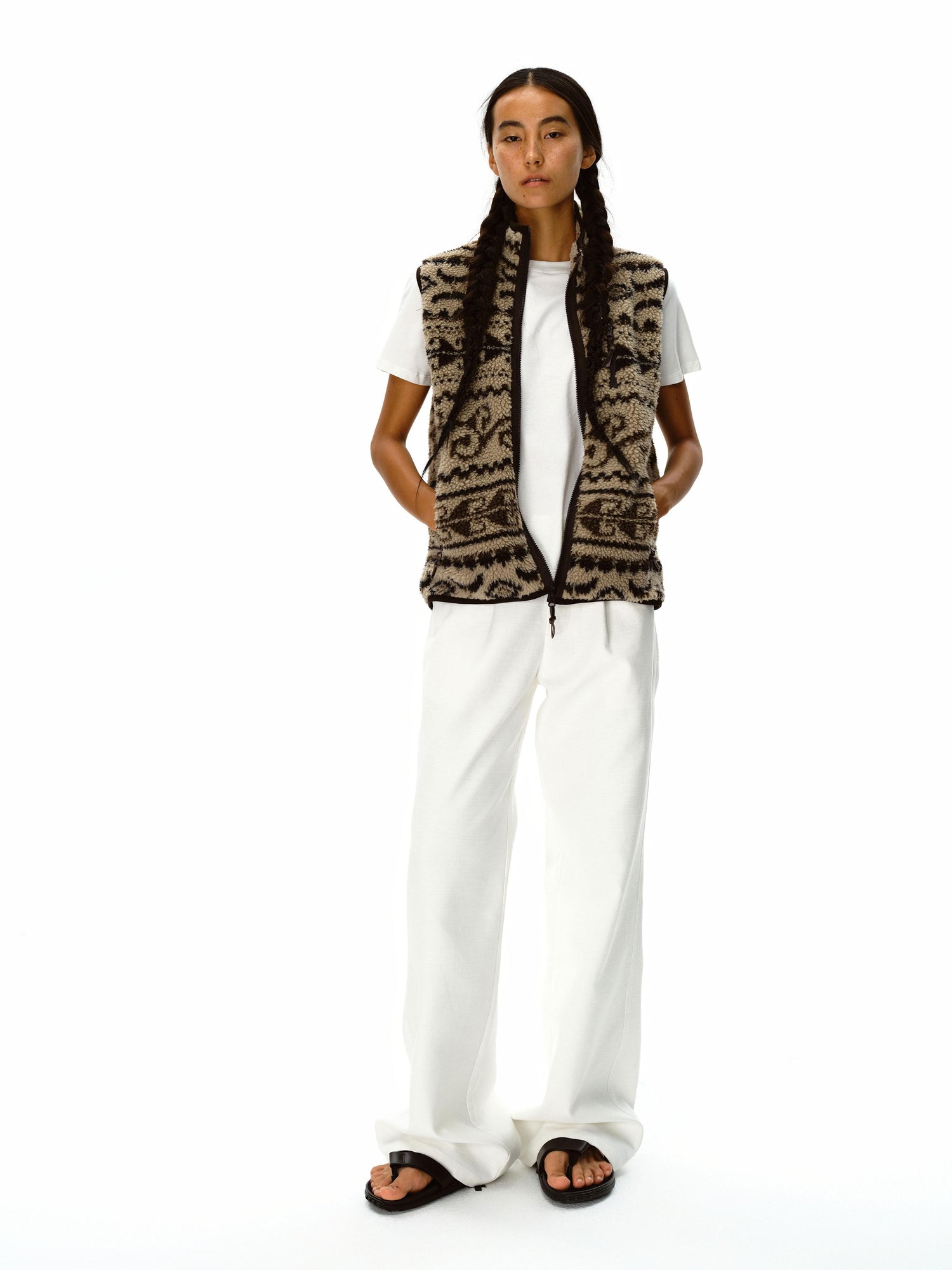 Northbutsouth Retro High Neck Fleece Zip Vest With Lamb Wool Pattern