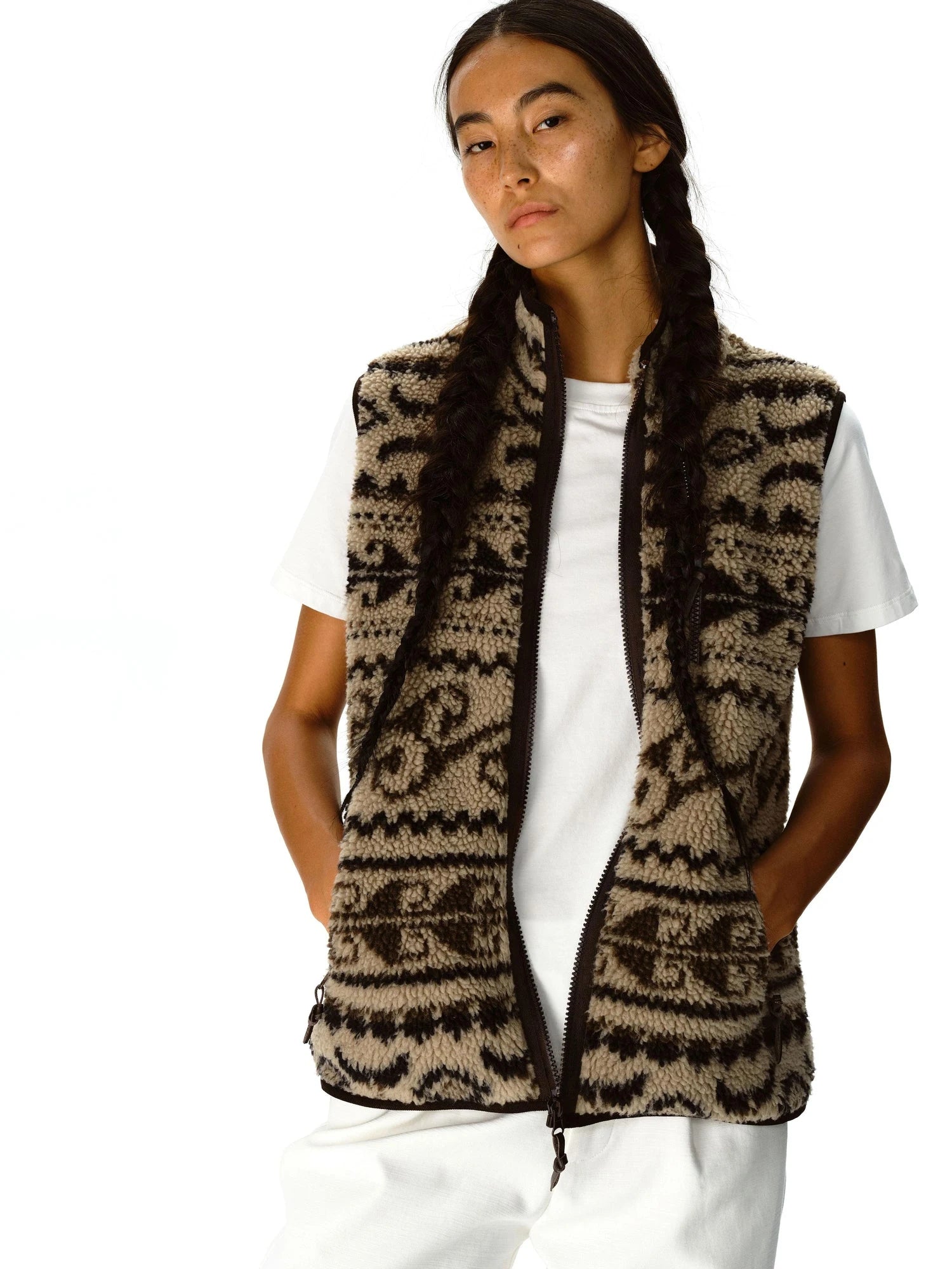 Retro High Neck Fleece Zip Vest With Lamb Wool Pattern