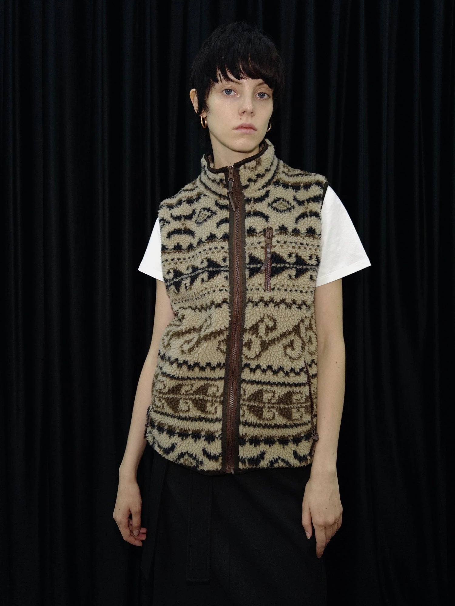 Retro High Neck Fleece Zip Vest With Lamb Wool Pattern