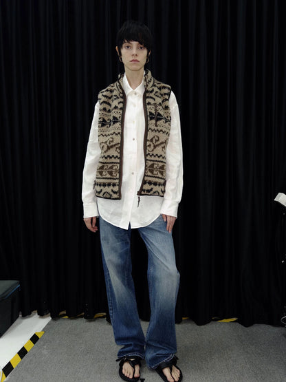 Retro High Neck Fleece Zip Vest With Lamb Wool Pattern