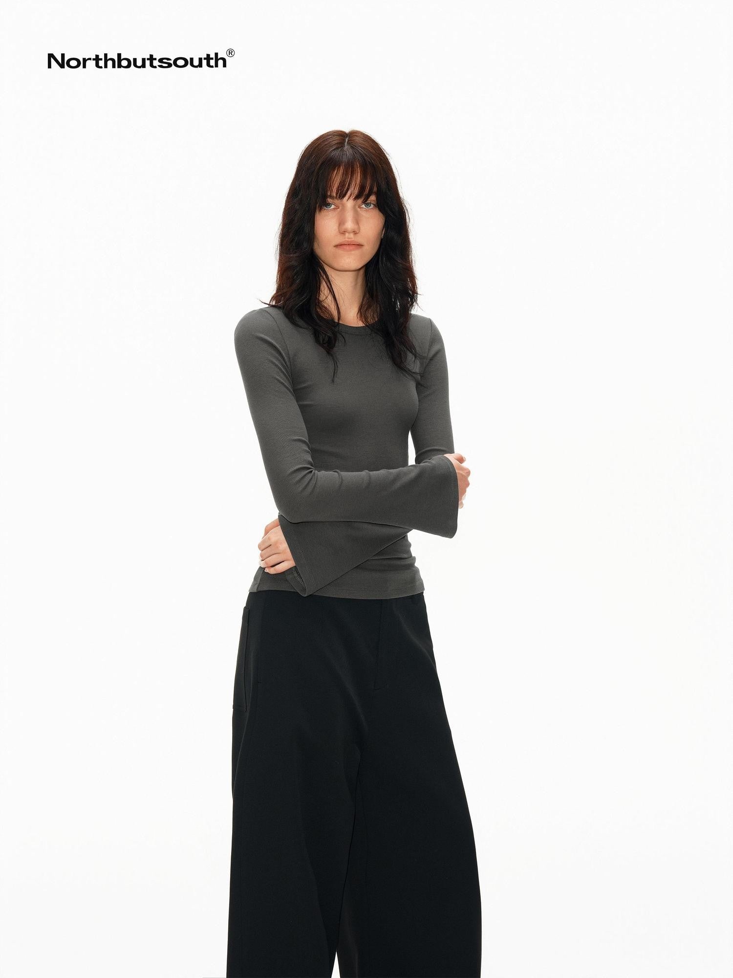 Northbutsouth Ribbed Bell Sleeve Slim Fit Women&