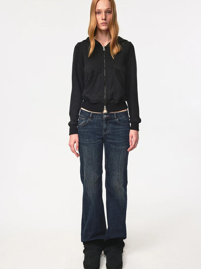 Ribbed Knit Trim Dual Zip Hooded Crop Jacket