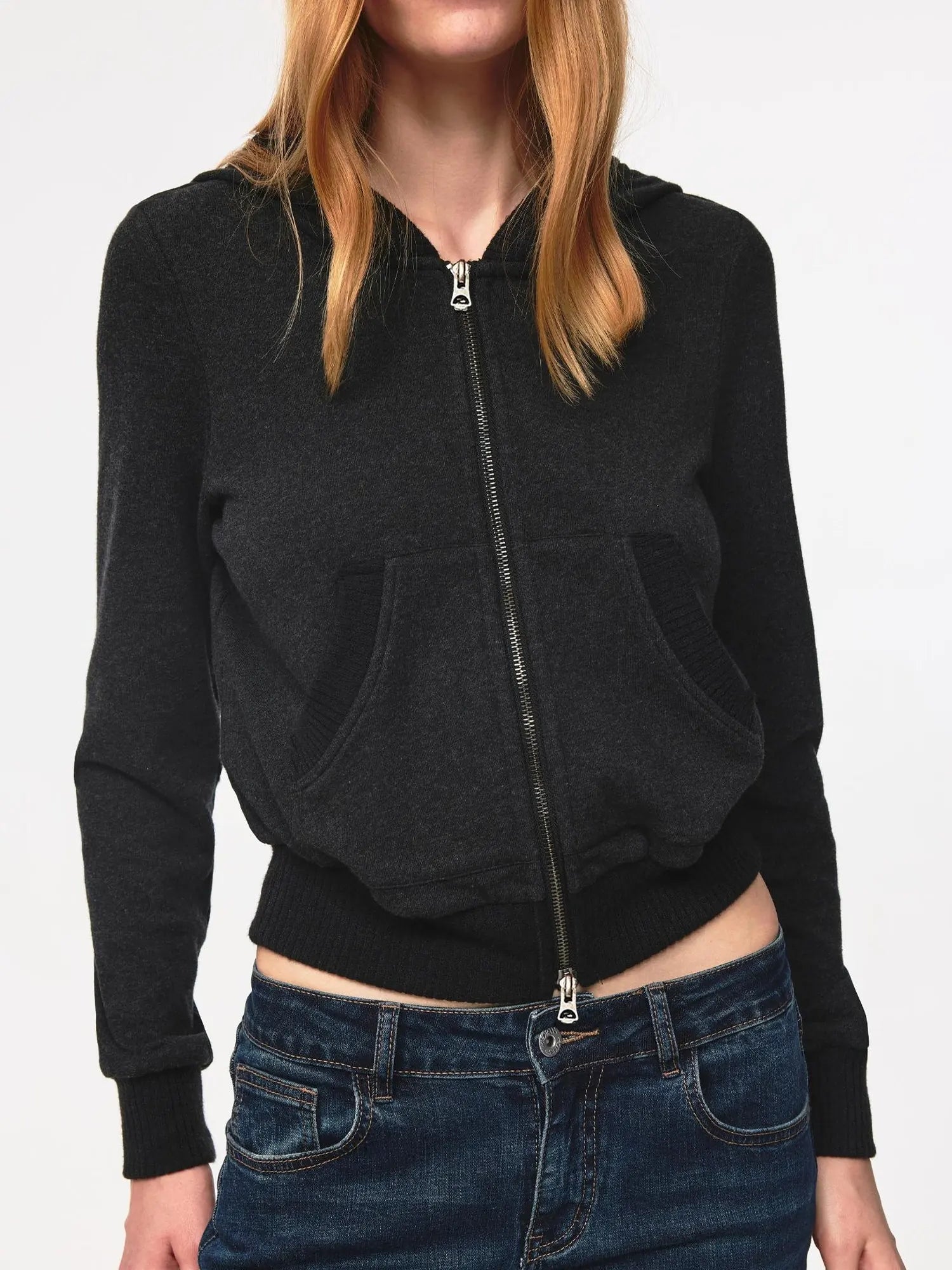 Ribbed Knit Trim Dual Zip Hooded Crop Jacket