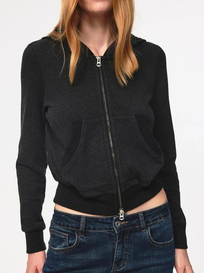 Ribbed Knit Trim Dual Zip Hooded Crop Jacket