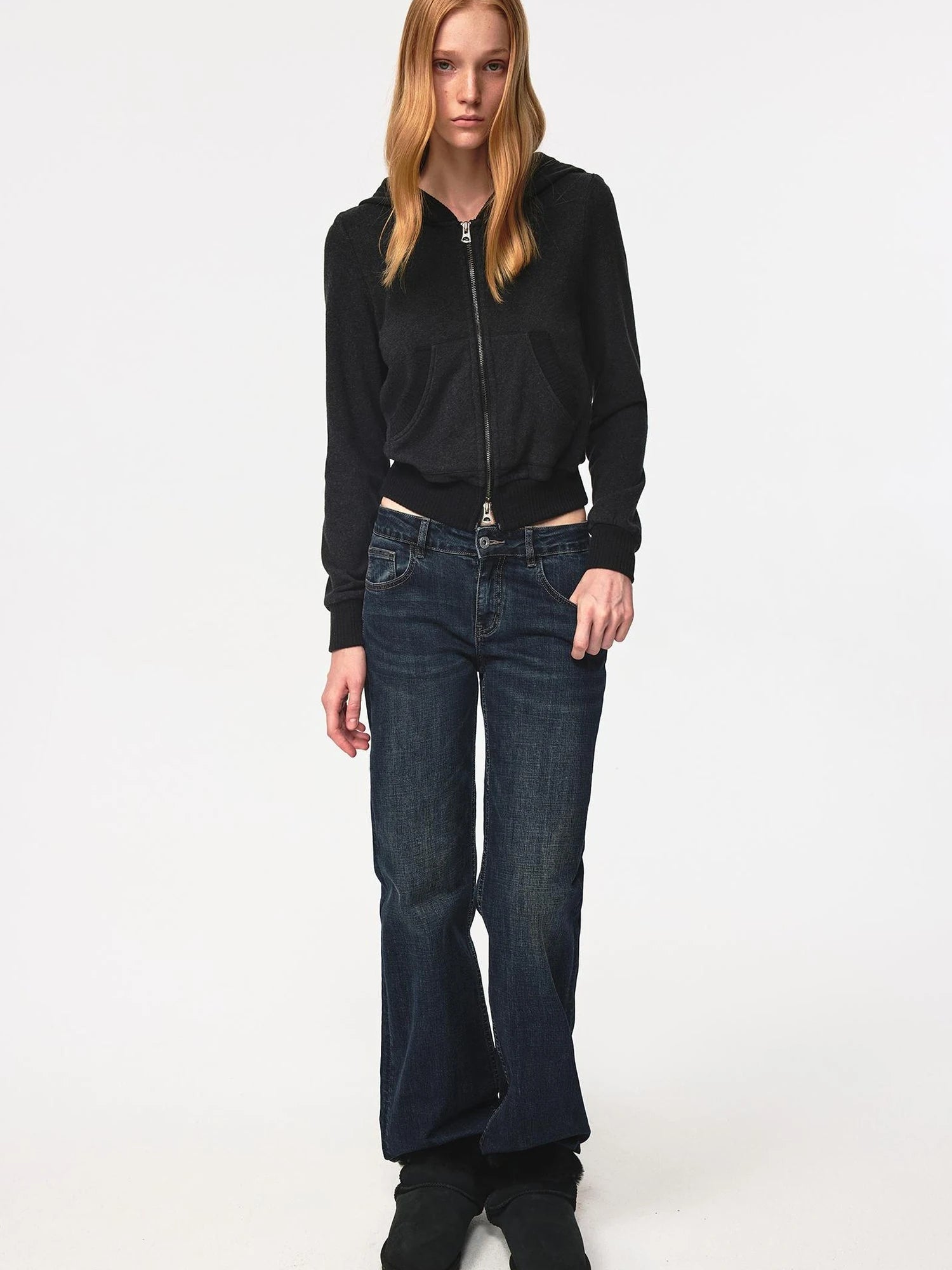 Ribbed Knit Trim Dual Zip Hooded Crop Jacket