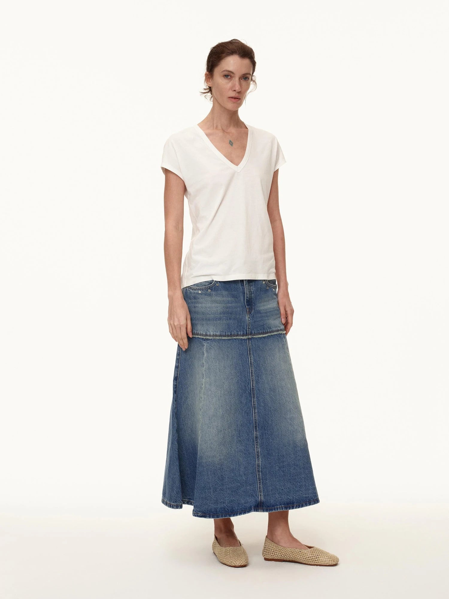 Rivet Detail Raw Hem Denim A Line Midi Skirt