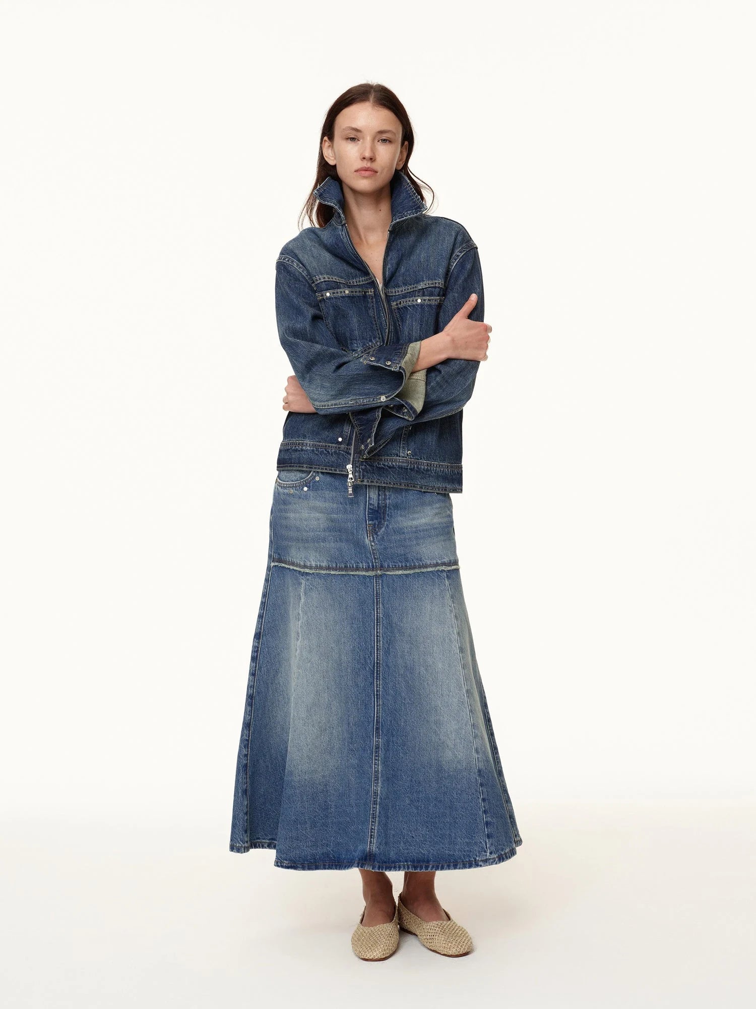Rivet Detail Raw Hem Denim A Line Midi Skirt