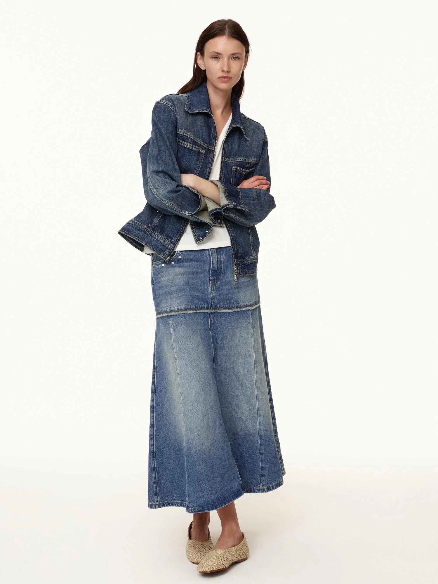 Rivet Detail Raw Hem Denim A Line Midi Skirt