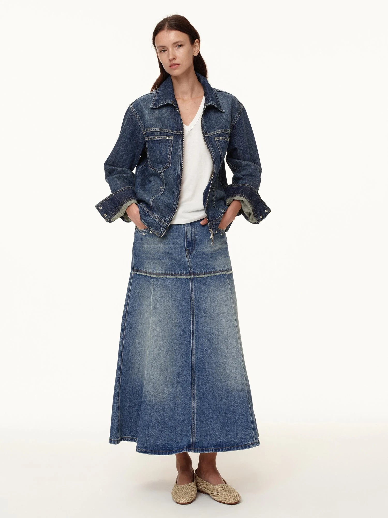 Rivet Detail Raw Hem Denim A Line Midi Skirt