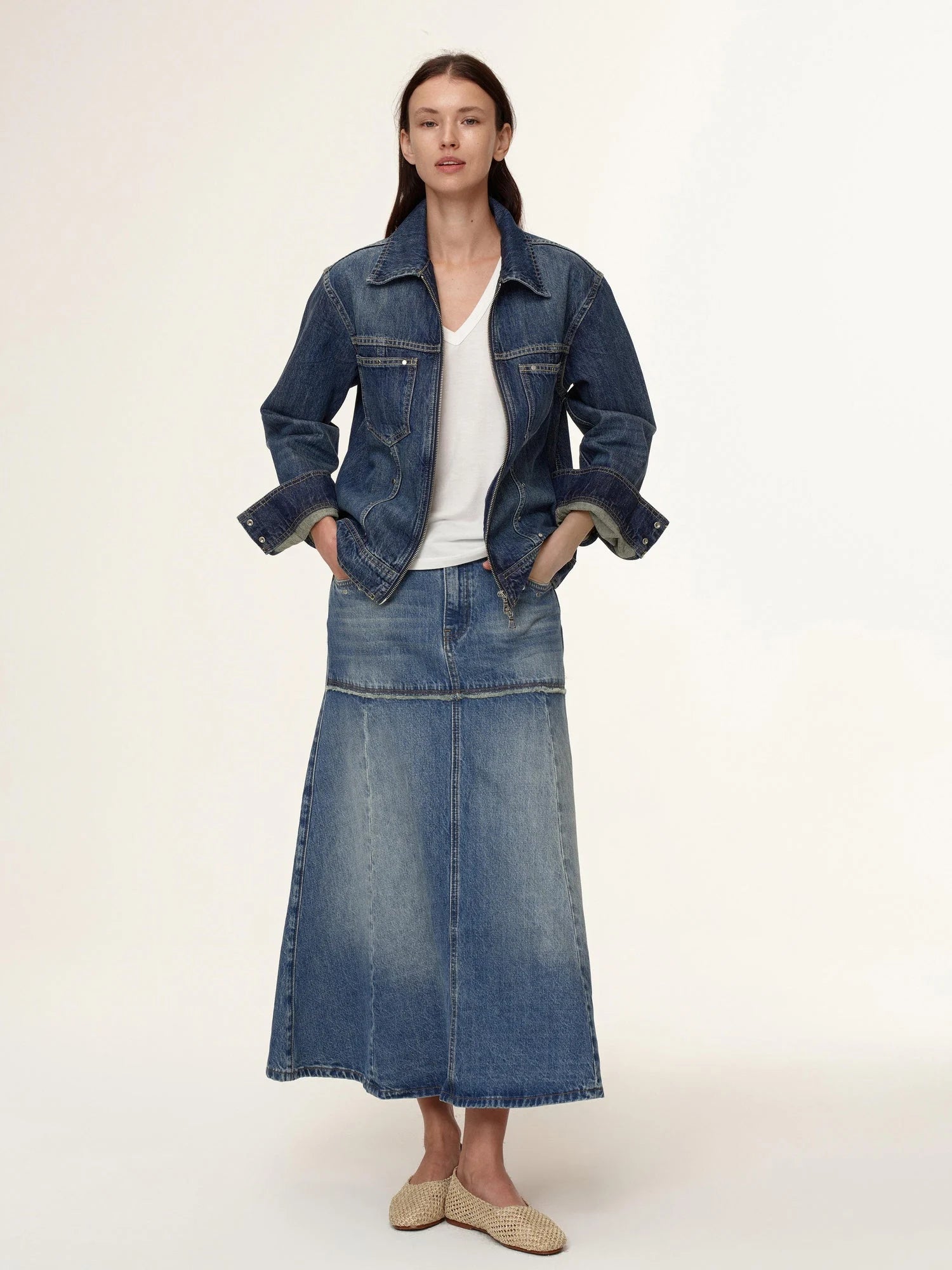Rivet Detail Raw Hem Denim A Line Midi Skirt
