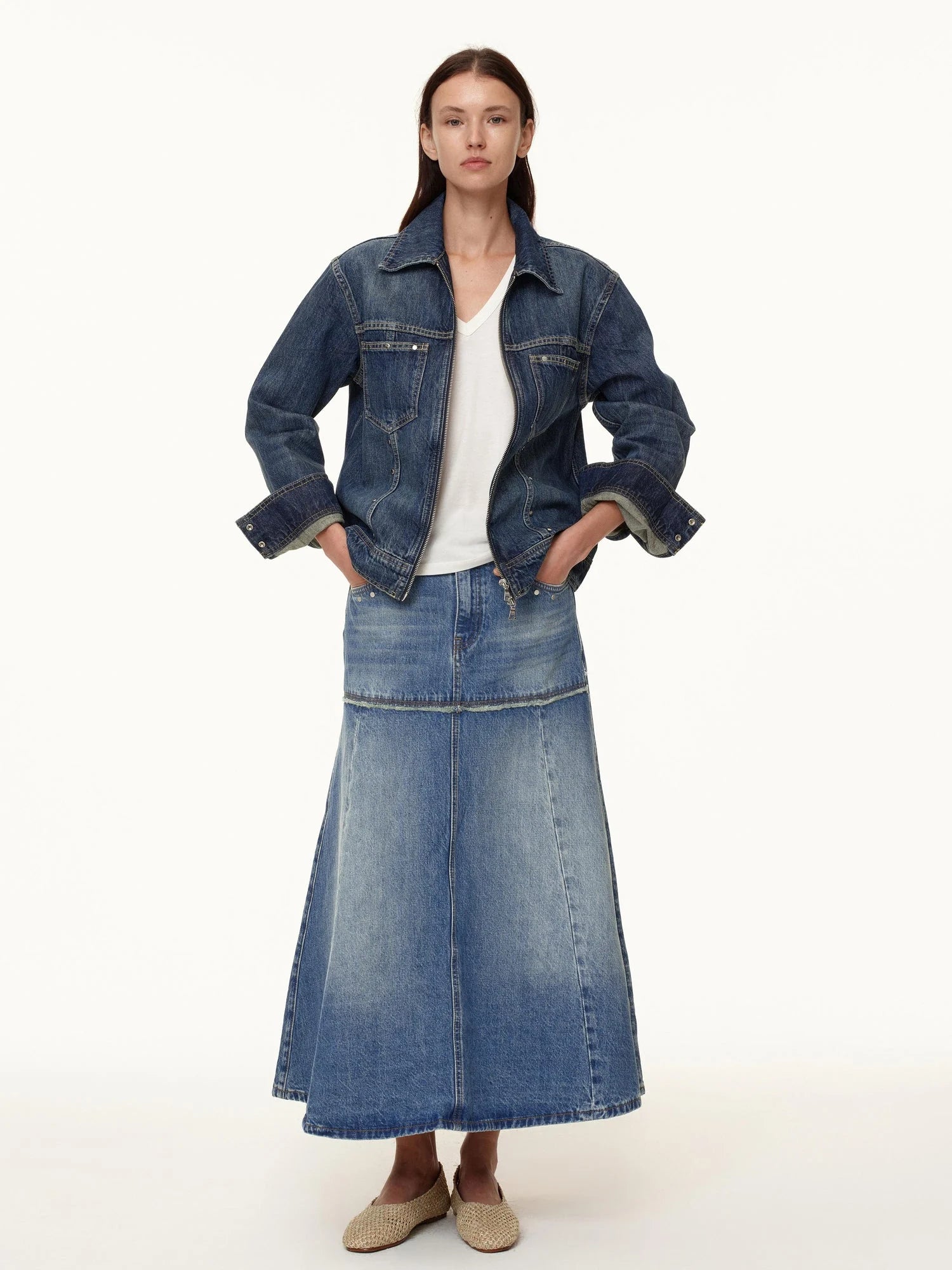 Rivet Detail Raw Hem Denim A Line Midi Skirt