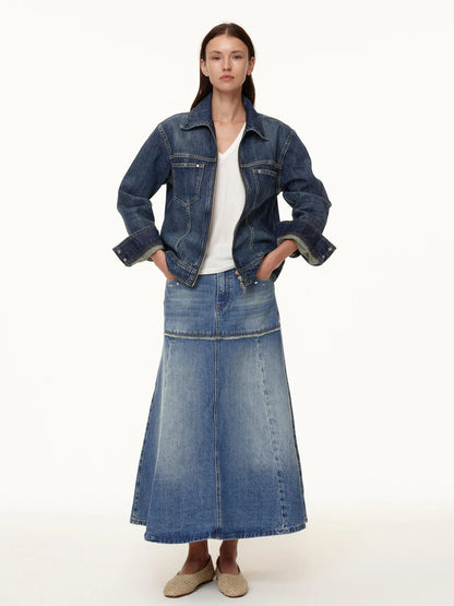 Rivet Detail Raw Hem Denim A Line Midi Skirt