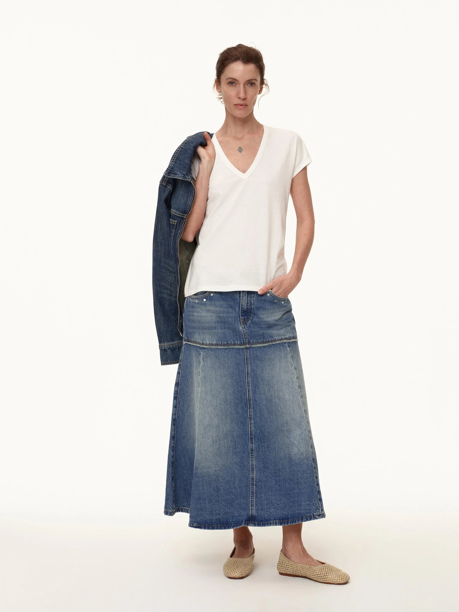 Rivet Detail Raw Hem Denim A Line Midi Skirt