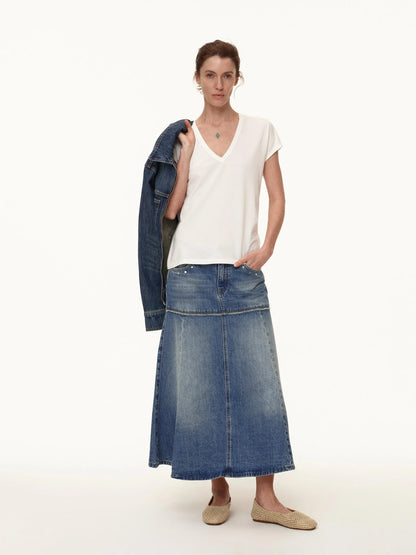 Rivet Detail Raw Hem Denim A Line Midi Skirt