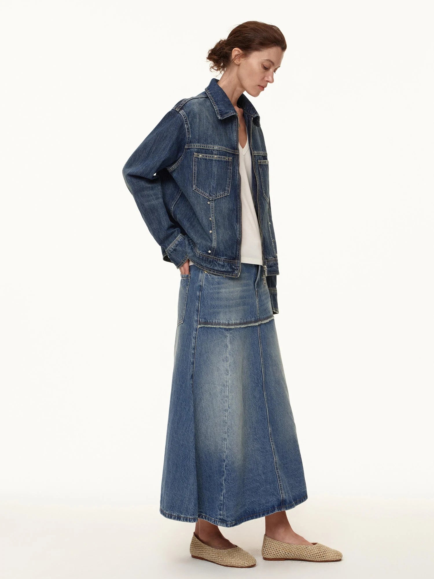Rivet Detail Raw Hem Denim A Line Midi Skirt