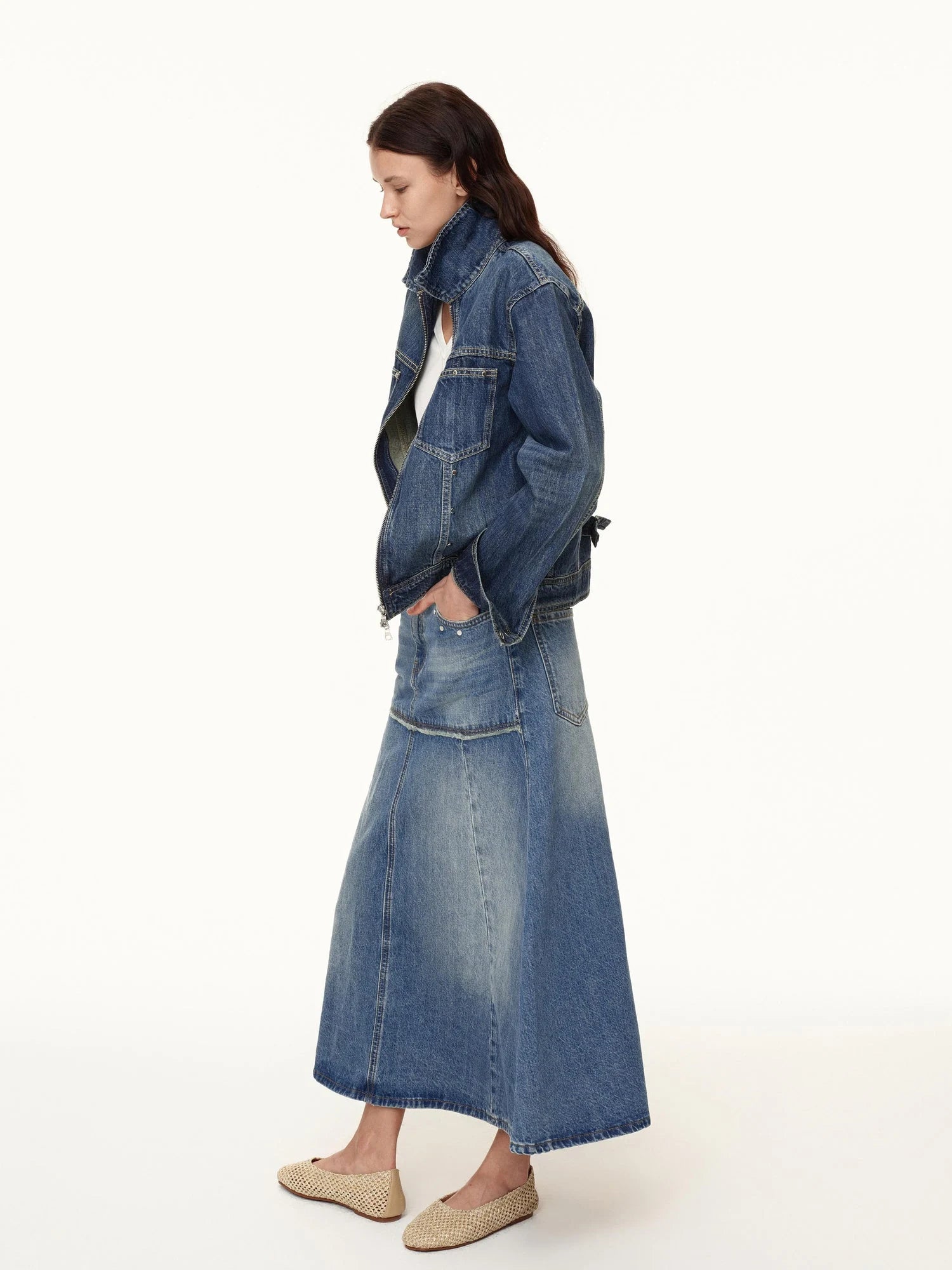 Rivet Detail Raw Hem Denim A Line Midi Skirt
