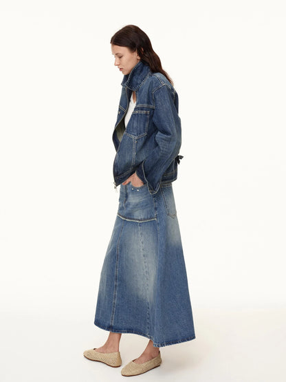 Rivet Detail Raw Hem Denim A Line Midi Skirt