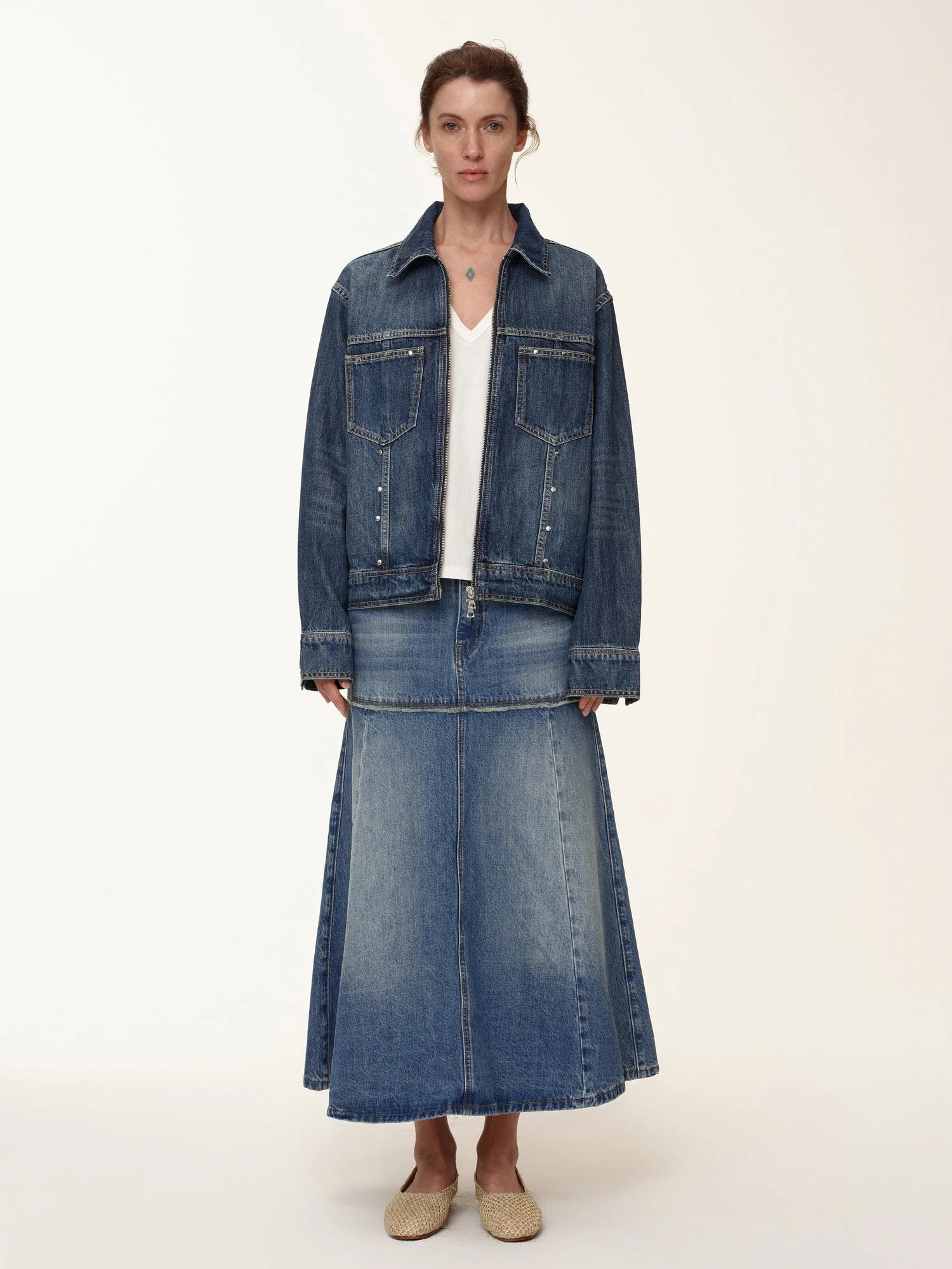 Rivet Detail Raw Hem Denim A Line Midi Skirt