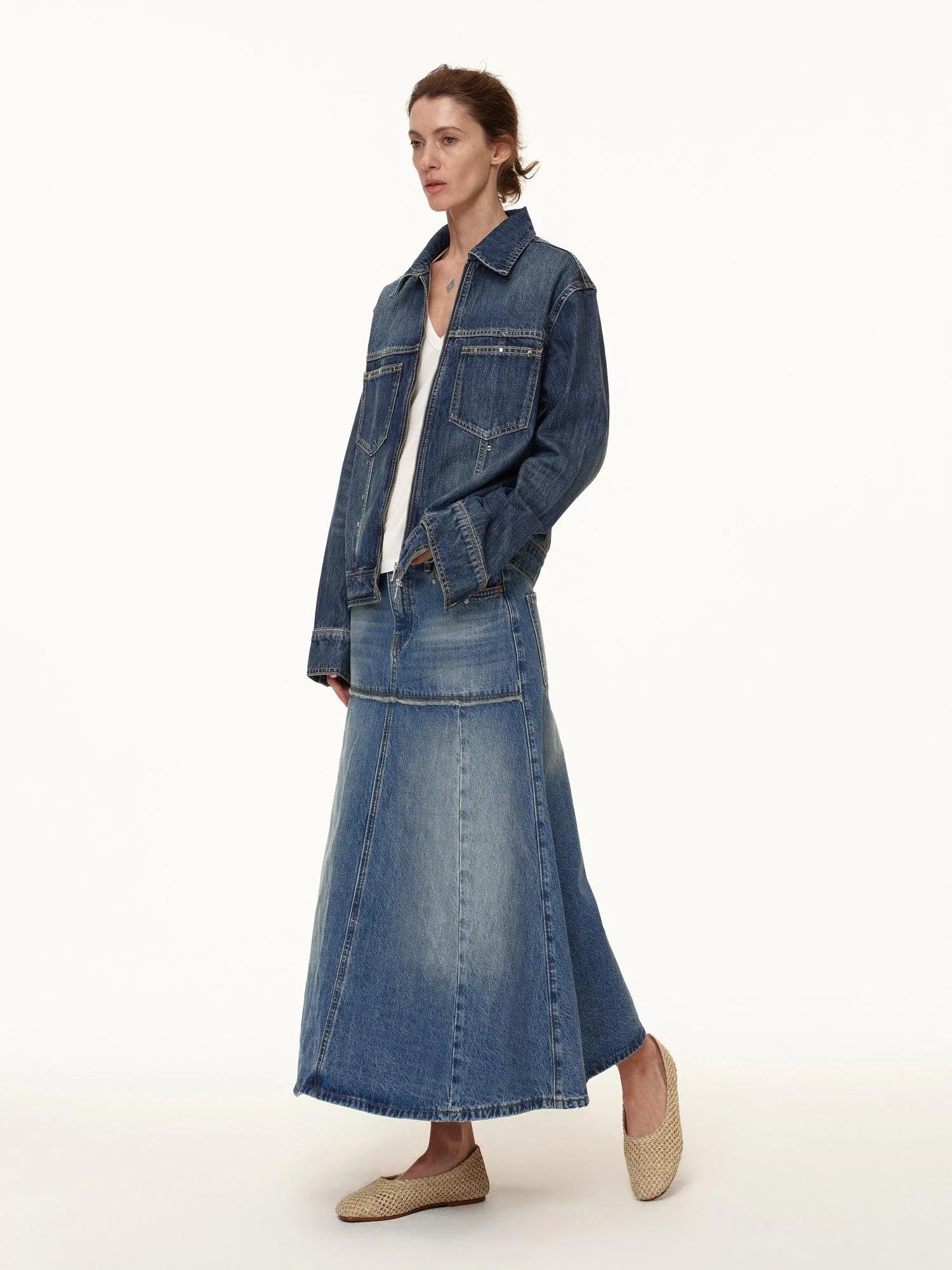 Rivet Detail Raw Hem Denim A Line Midi Skirt