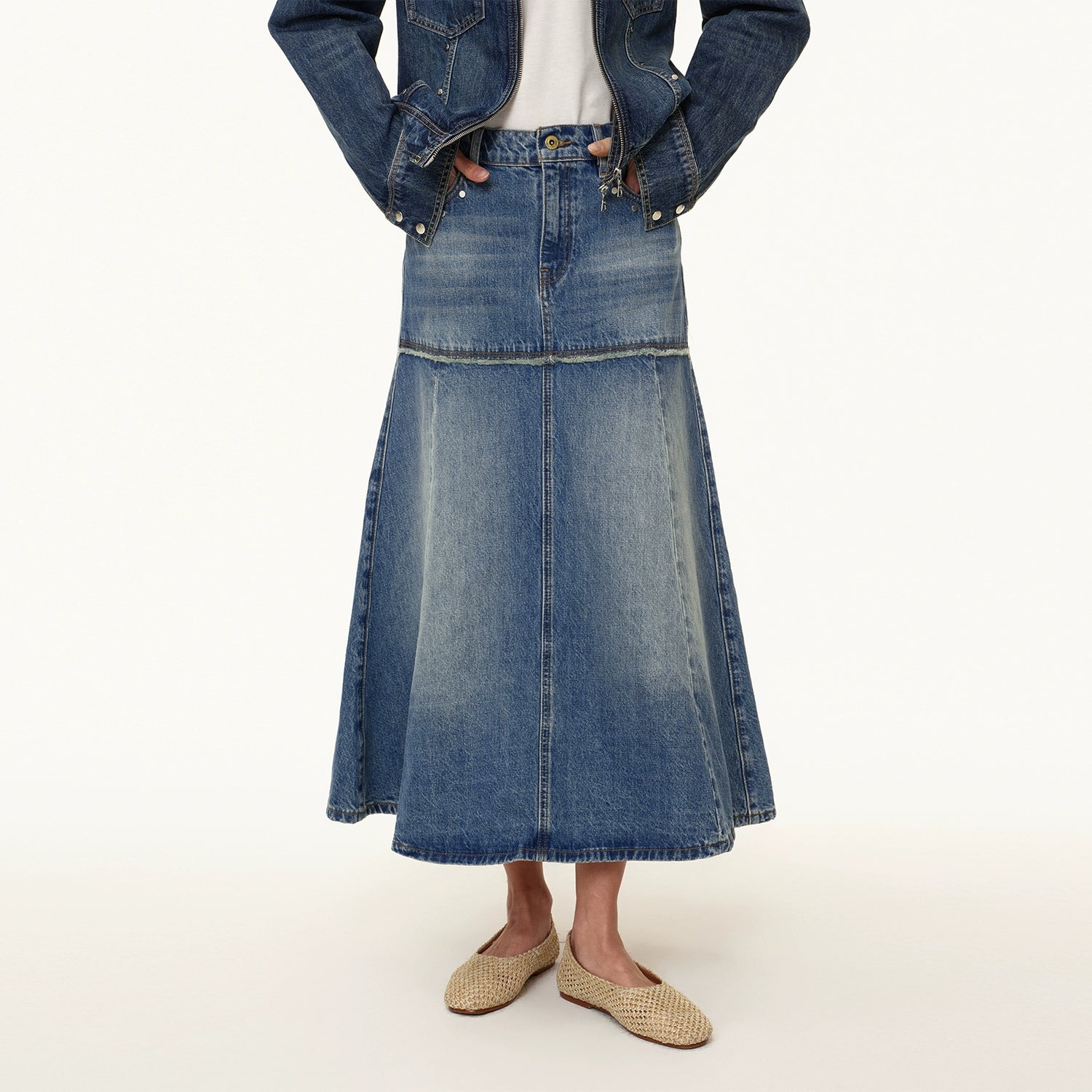 Northbutsouth Rivet Detail Raw Hem Denim A Line Midi Skirt MISSTT