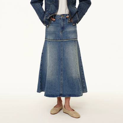 Northbutsouth Rivet Detail Raw Hem Denim A Line Midi Skirt MISSTT