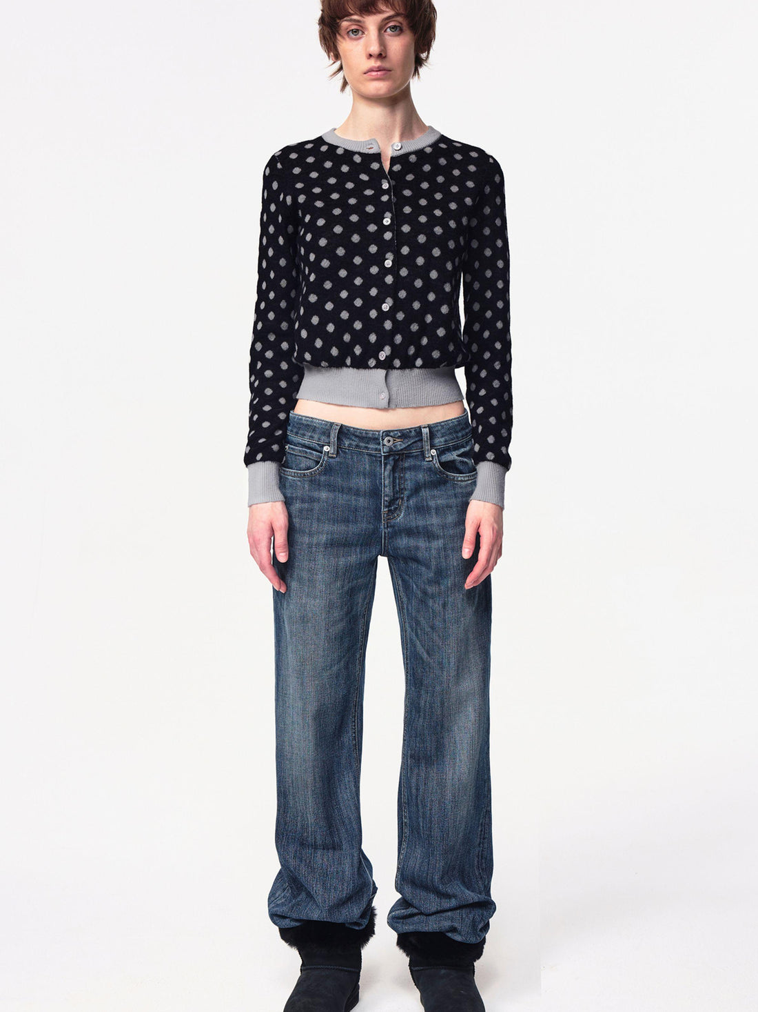 Northbutsouth Round Neck Black Gray Polka Dot Waist Cropped Cardigan