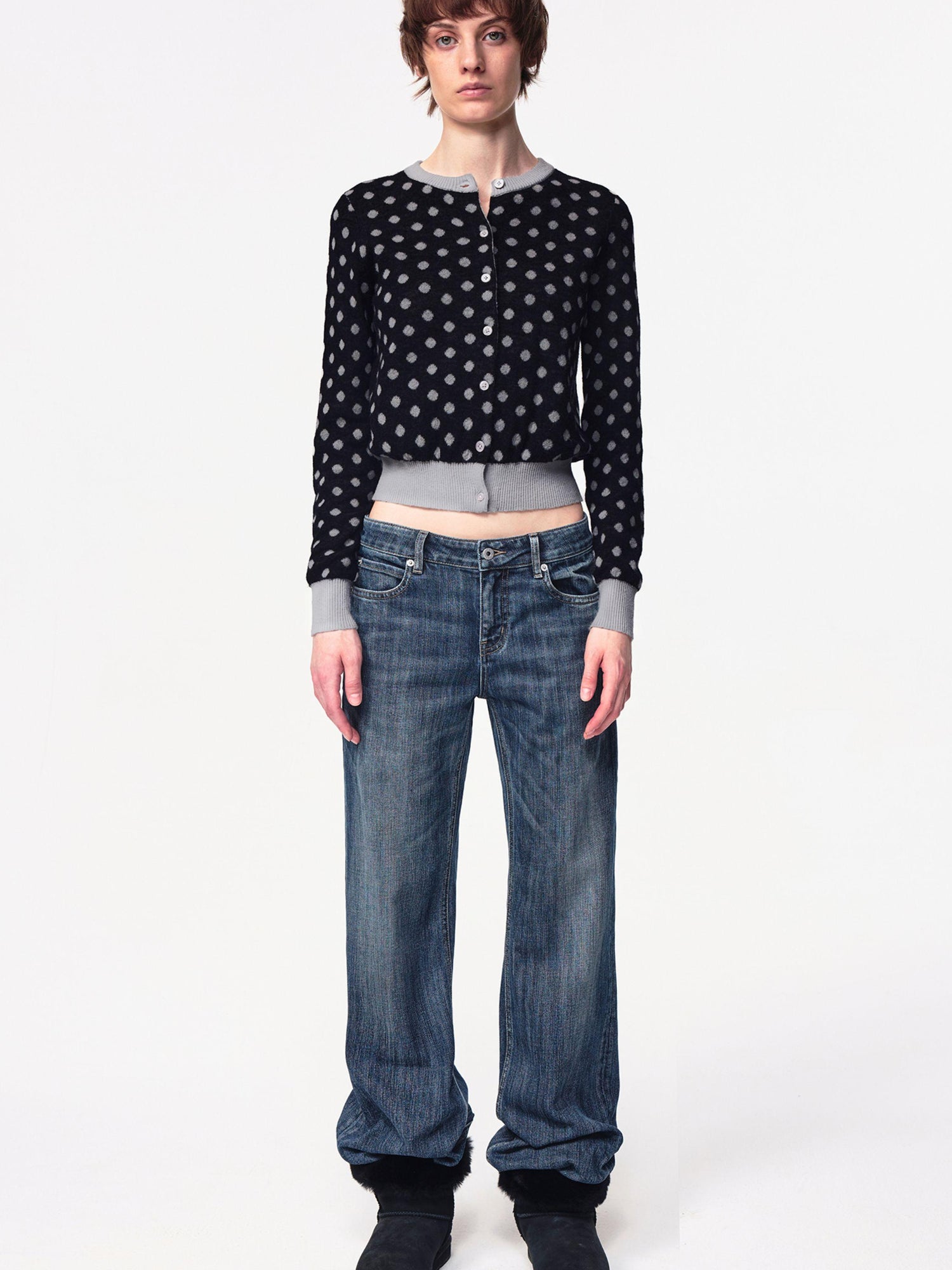 Northbutsouth Round Neck Black Gray Polka Dot Waist Cropped Cardigan