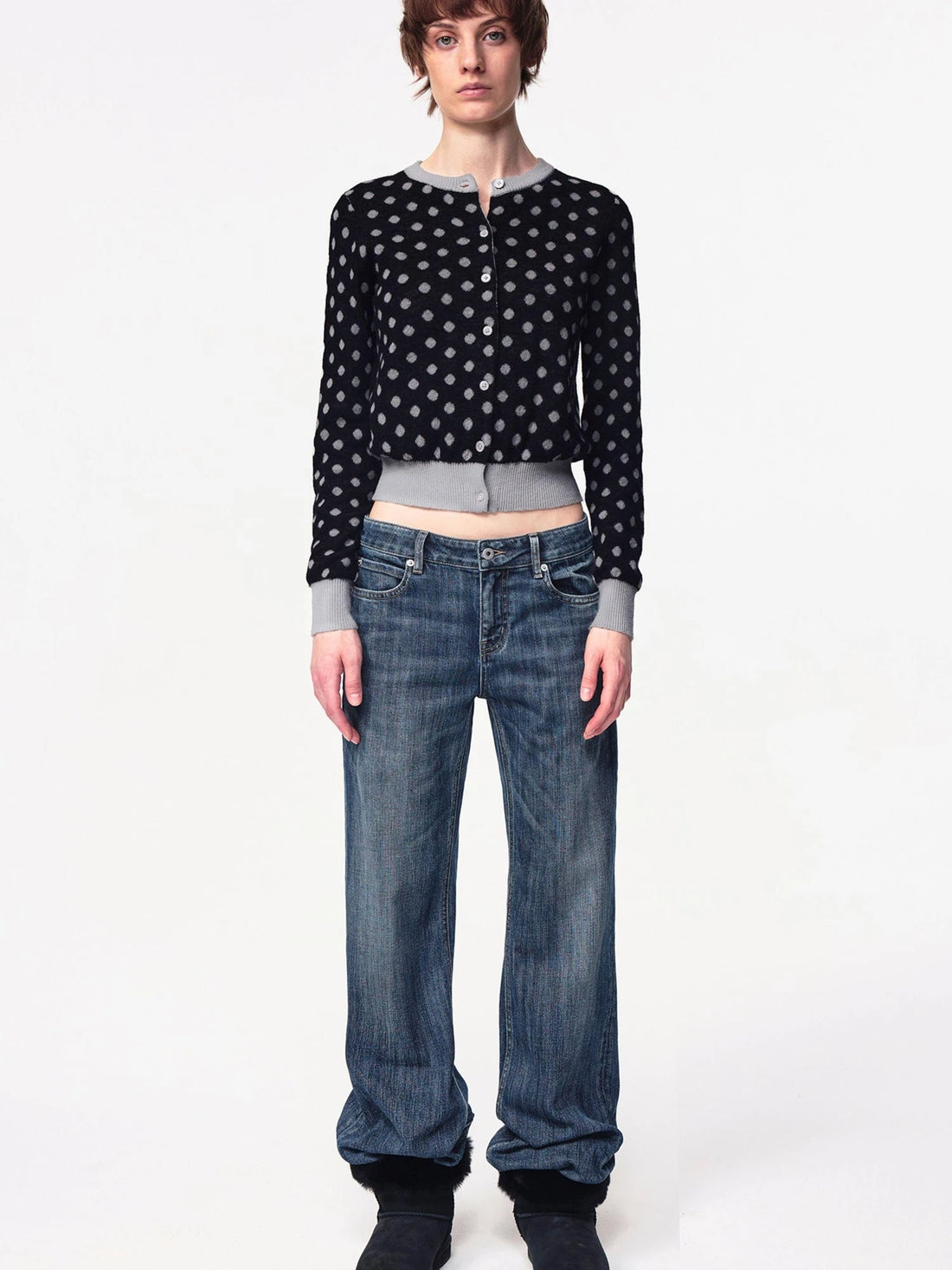 Round Neck Black Gray Polka Dot Waist Cropped Cardigan