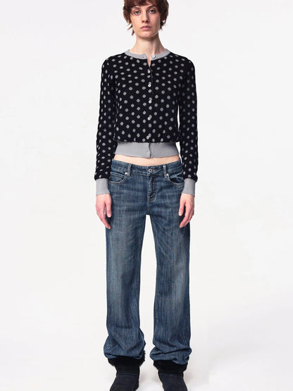 Round Neck Black Gray Polka Dot Waist Cropped Cardigan