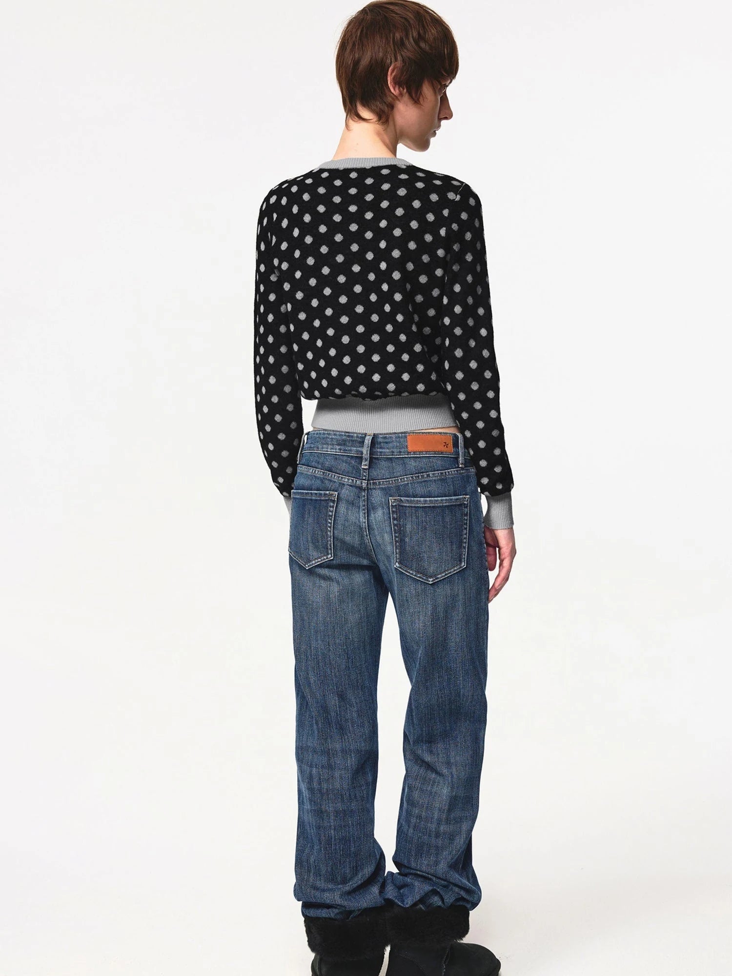 Round Neck Black Gray Polka Dot Waist Cropped Cardigan