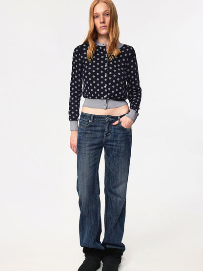 Northbutsouth Round Neck Black Gray Polka Dot Waist Cropped Cardigan